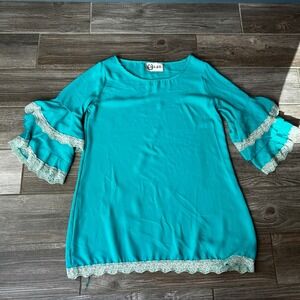 L & B Western Turquoise Dress Lace Trim Tiered Bell Sleeves Bohemian Party Small